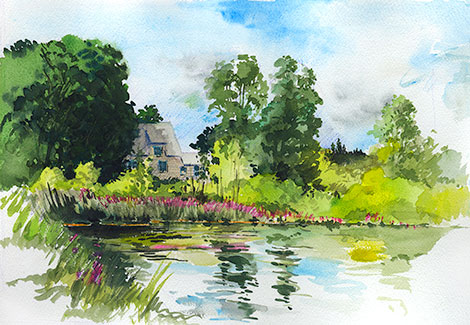 Watercolor landscape: Laurel Lake, Massachusetts.