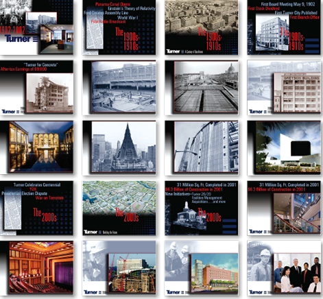 100th anniversary event for a construction company: continuous loop PowerPoint showing company history.